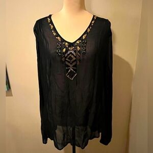 Karen Kane Embellished Black Sheer V Neck Top, size Large